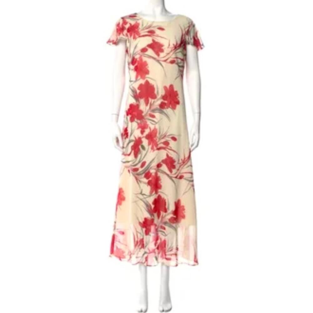 Mary McFadden Collection Vintage Floral Maxi Dress 10 Red Cream Flutter Sleeve